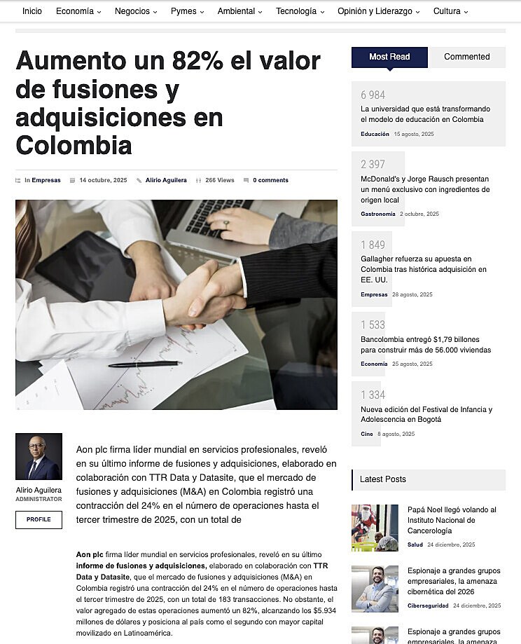 Aumento un 82% el valor de fusiones y adquisiciones en Colombia